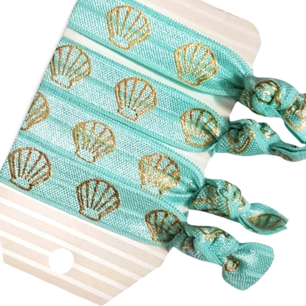4-Pack Beach Theme Seashell FOE Creaseless Yoga Aqua & Gold Shell Hair Ties